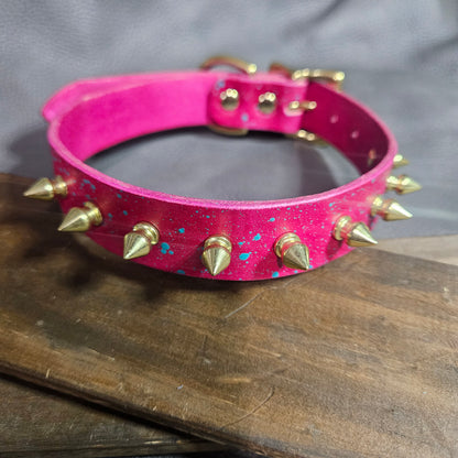 Rose & Teal Splatter w/ Brass Spikes Pup Collar