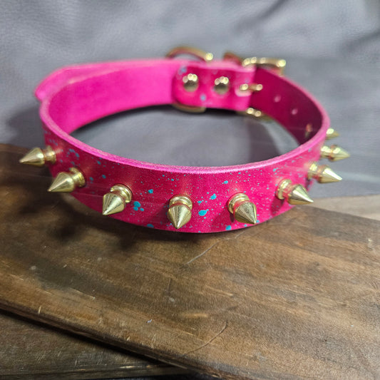 Rose & Teal Splatter w/ Brass Spikes Pup Collar