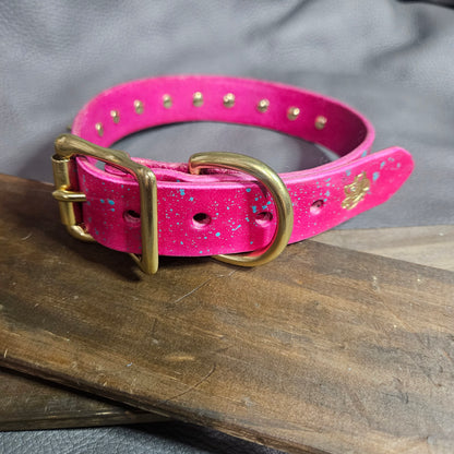 Rose & Teal Splatter w/ Brass Spikes Pup Collar