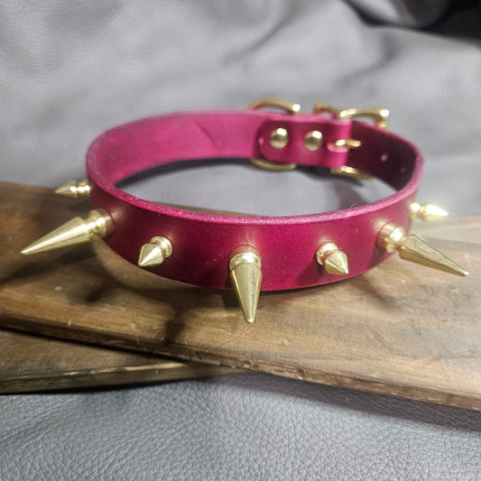 Oxblood w/ Brass Spikes Pup Collar